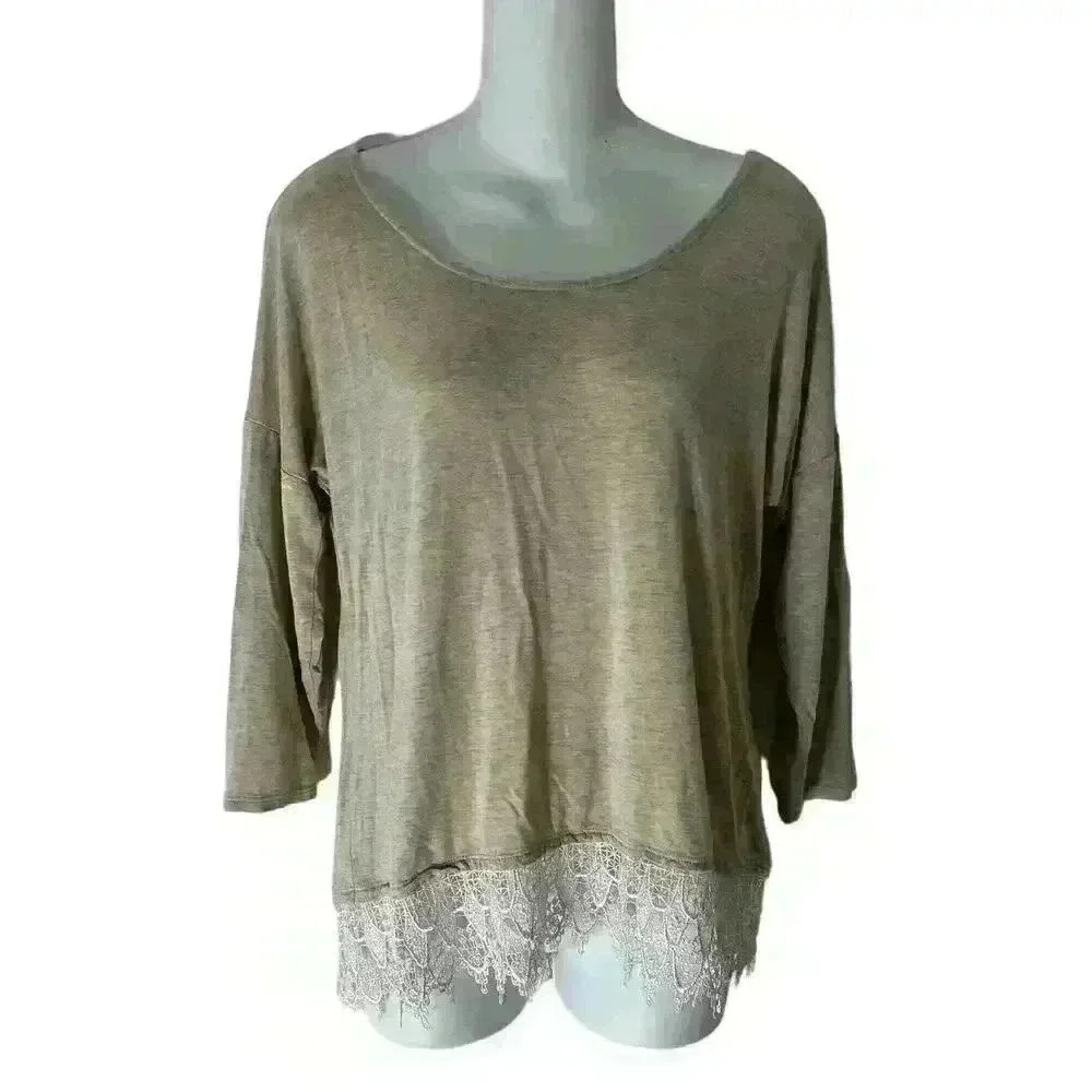 Takara Lace Trim Blouse Long Sleeve Beige Size Medium